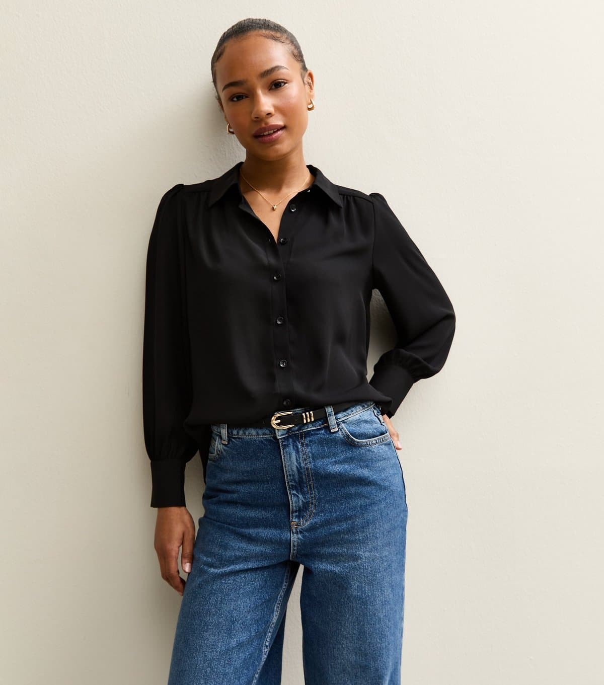New Look Women's Petite Black Collared Long Sleeve Shirt New Look