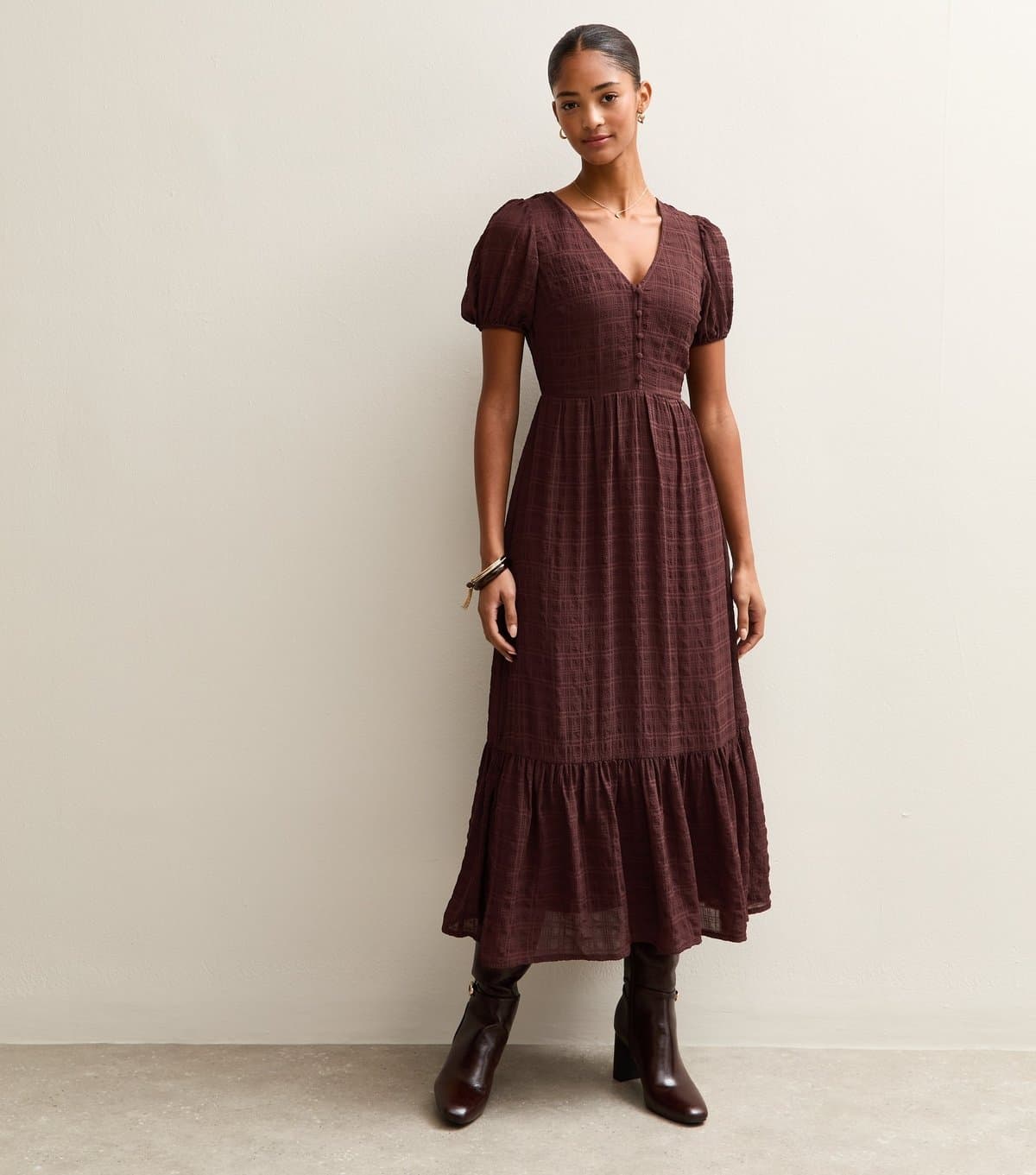 New Look Women's Brown Checked Button Through Midi Dress New Look