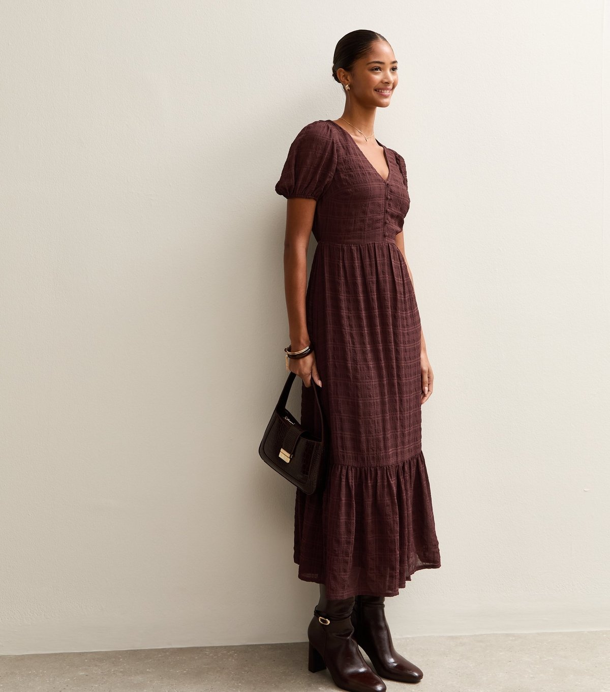 New Look Women's Brown Checked Button Through Midi Dress New Look - 3