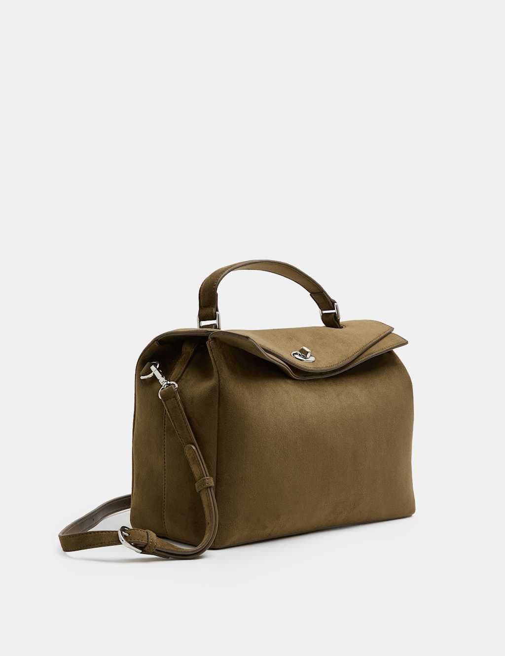 Marks & Spencer M&S Faux Suede Zip Fold Over Grab Bag Khaki