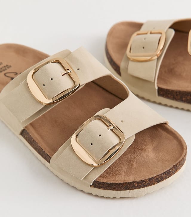 New Look Women's Extra Wide Fit Off White Cork Sole Double Strap Mule Sandals Vegan New Look - 3