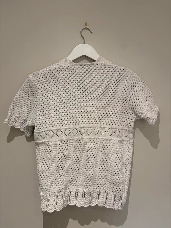 Pure fashion Y2K White Pointelle Knit Short Sleeve Cardigan M/L Cotton Blend Crochet Look