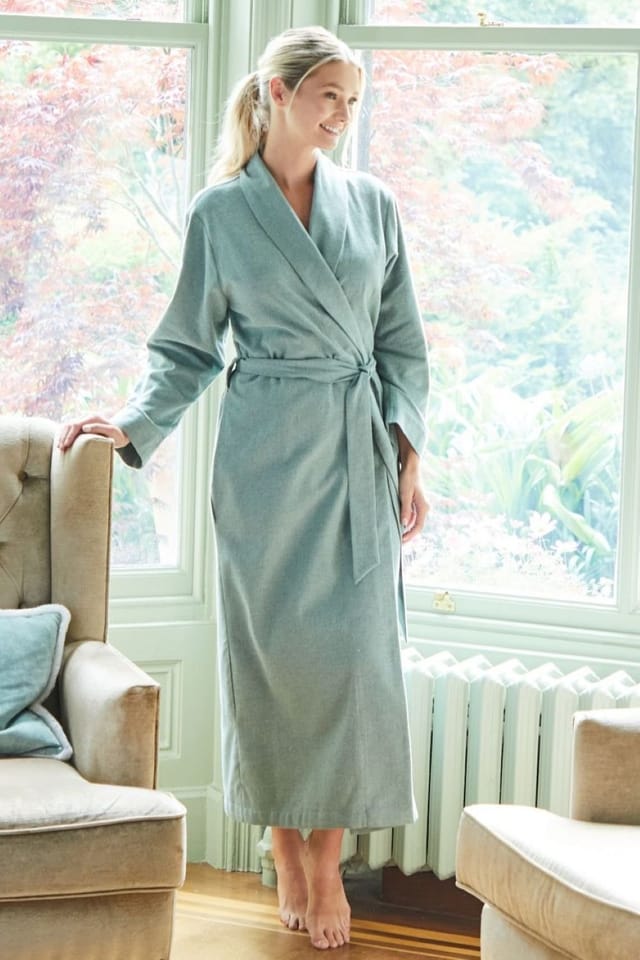 British Boxers British Boxers Women's "Moss" Herringbone Brushed Cotton Dressing Gown in Dark Green - 2