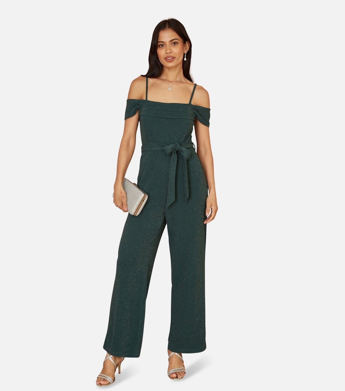 Yumi Women's Green Metallic Detail Bardot Belted Wide Leg Jumpsuit Yumi New Look