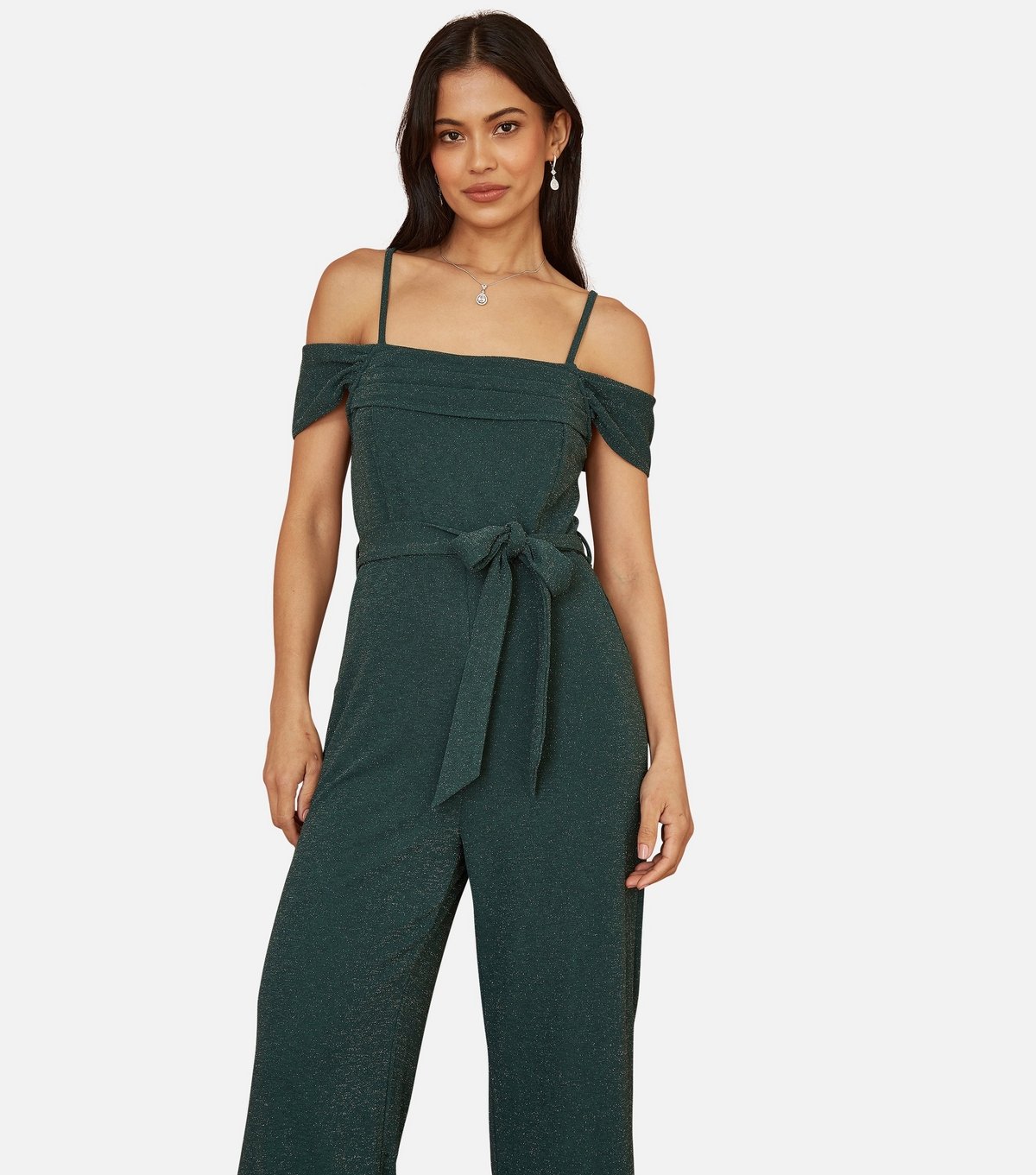 Yumi Women's Green Metallic Detail Bardot Belted Wide Leg Jumpsuit Yumi New Look - 2