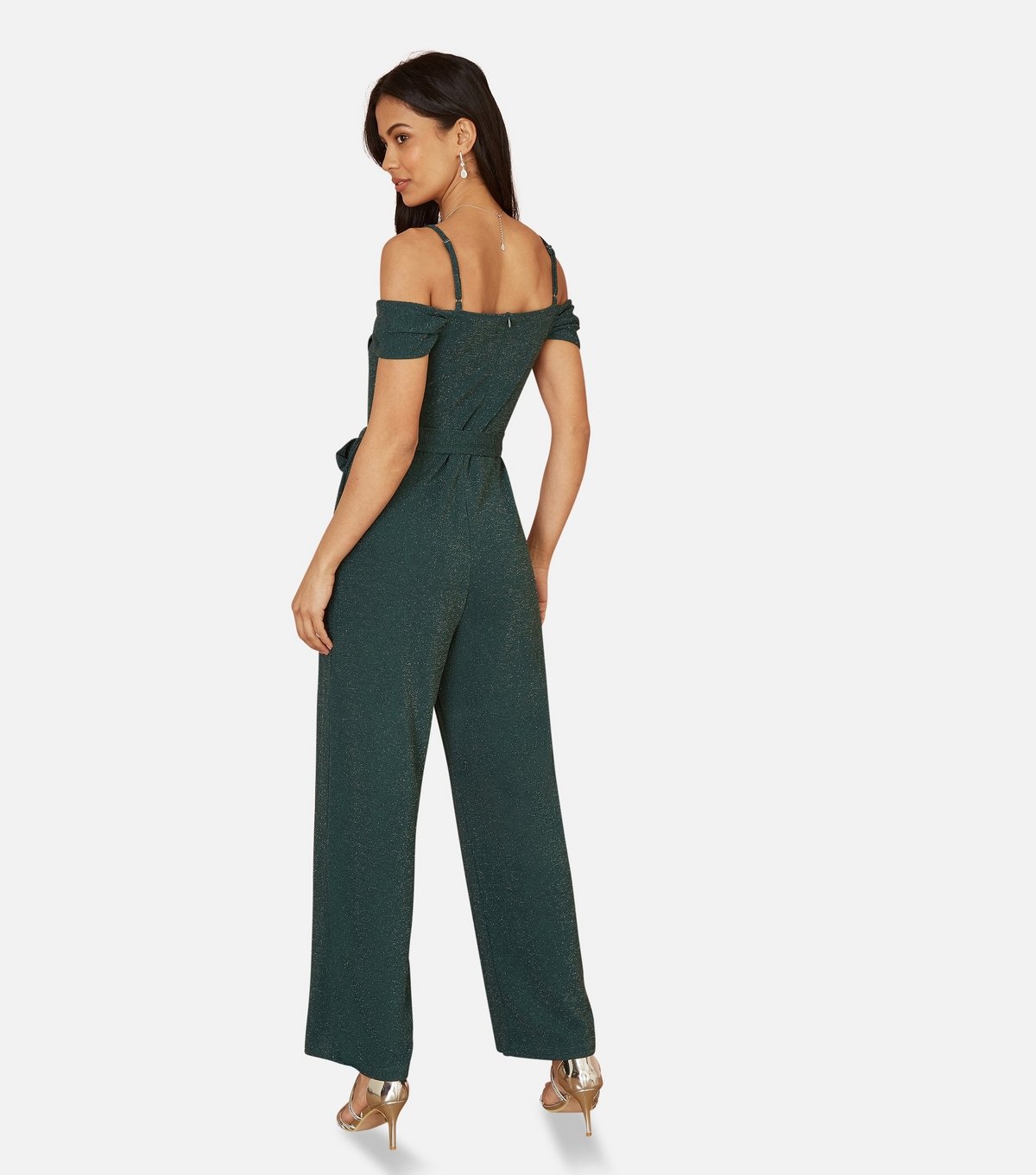 Yumi Women's Green Metallic Detail Bardot Belted Wide Leg Jumpsuit Yumi New Look - 3