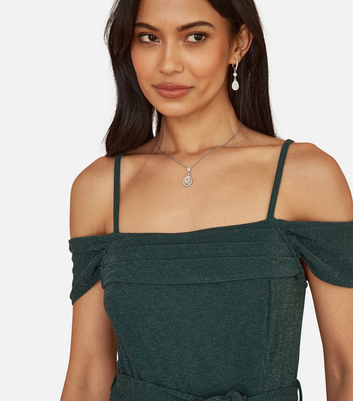 Yumi Women's Green Metallic Detail Bardot Belted Wide Leg Jumpsuit Yumi New Look - 4