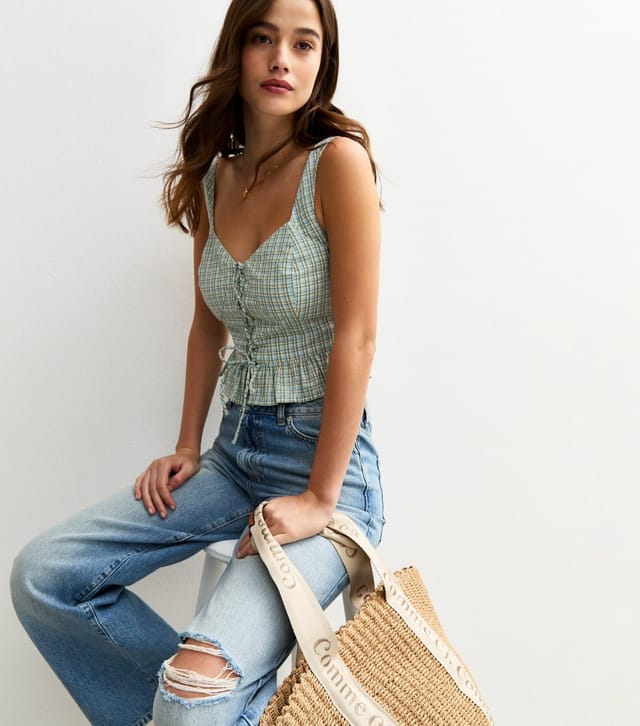 New Look Women's Green Gingham Check Lace Up Front Cami Top New Look - 2