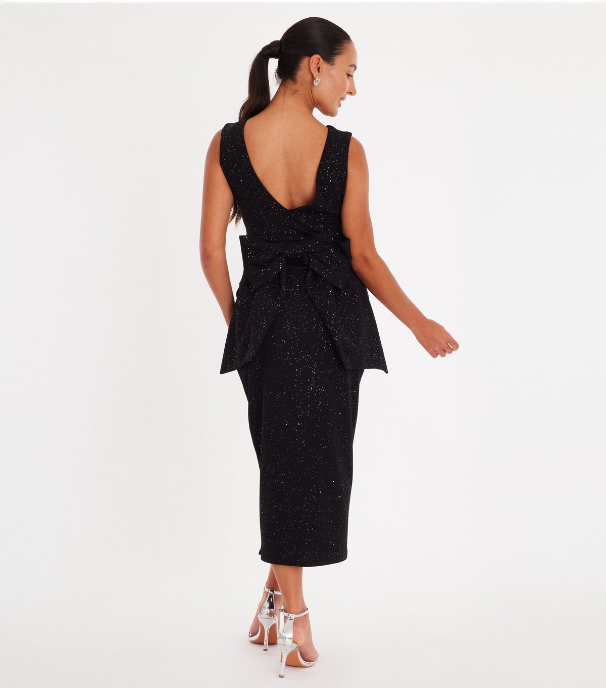 Quiz Women's Petite Black Glitter Large Back Bow Midi Dress Quiz New Look - 3