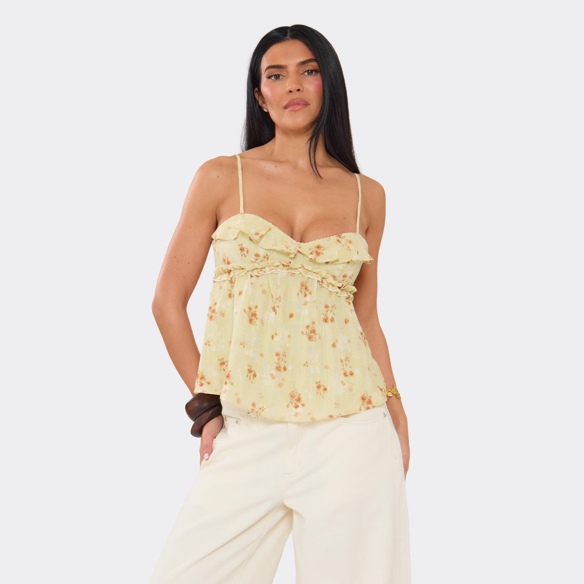 EGO Strappy Frill Detail Cami Top In Sage Green Floral Print Woven, Women's Size UK 6