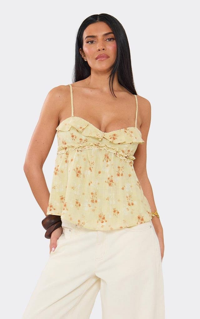 EGO Strappy Frill Detail Cami Top In Sage Green Floral Print Woven, Women's Size UK 6 - 2