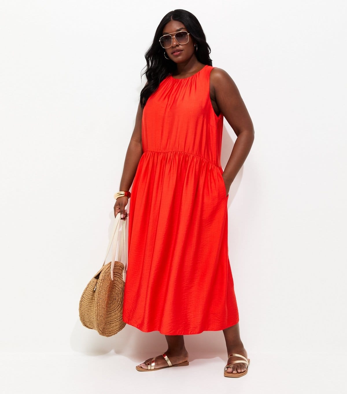 New Look Bright Orange Plus Size Sleeveless Midi Dress
