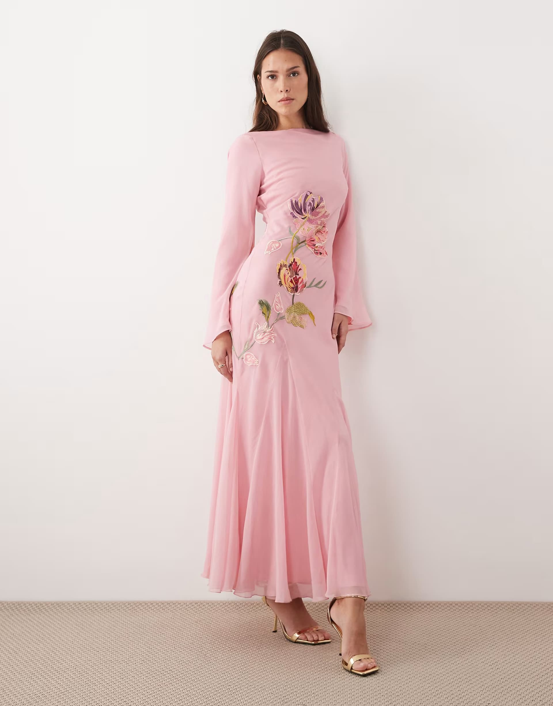 ASOS ASOS DESIGN embroidery & embellished maxi dress with godets and contrast binding and long sleeves in pink