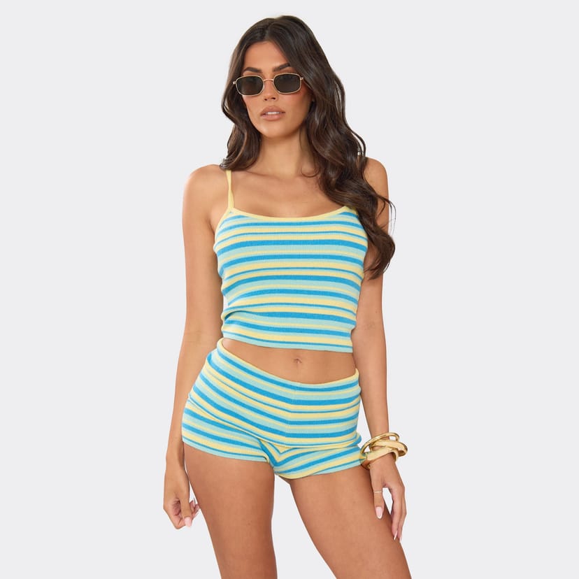 EGO Strappy Vest Top In Blue And Lemon Stripe Knit, Women's Size UK L - 1