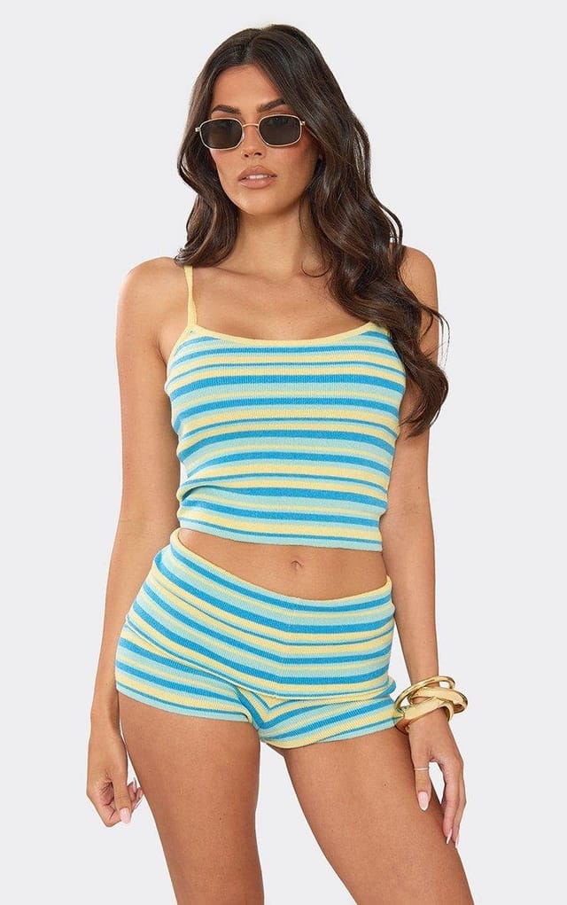 EGO Strappy Vest Top In Blue And Lemon Stripe Knit, Women's Size UK L - 2