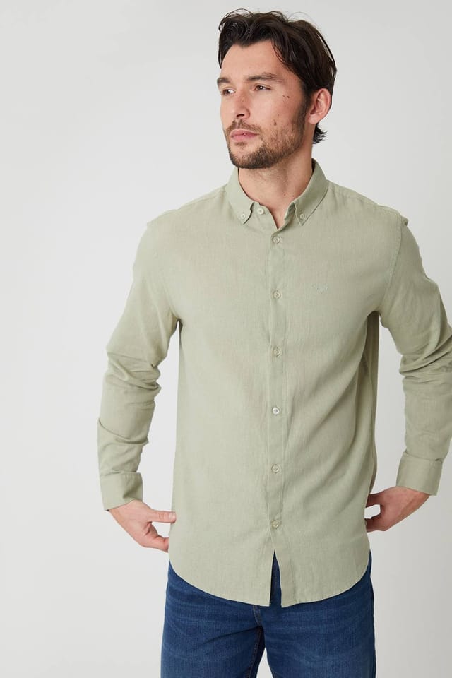 Threadbare Threadbare Men's Linen Blend Long Sleeve Shirt in Pale Green - 3