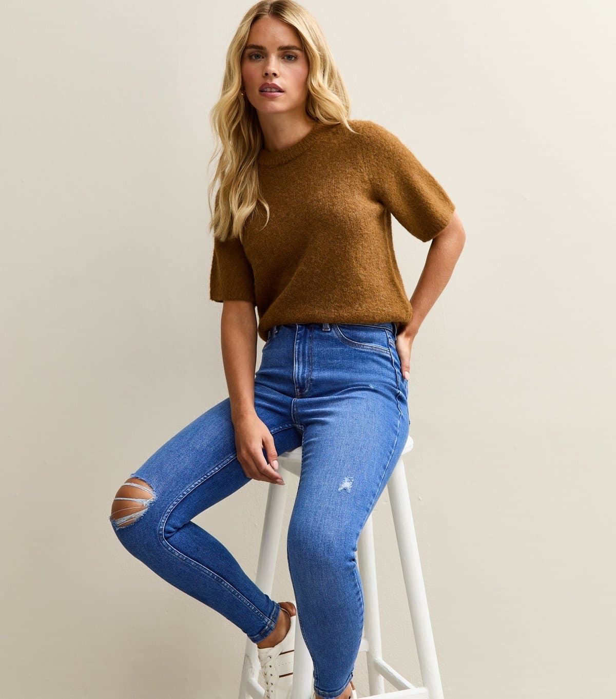 New Look Women's Petite Bright Blue Ripped High Waist Hallie Super Skinny Jeans New Look