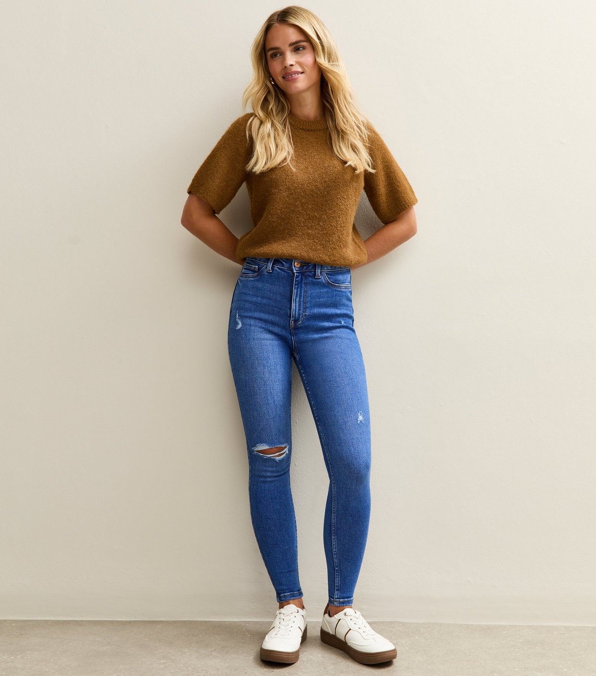 New Look Women's Petite Bright Blue Ripped High Waist Hallie Super Skinny Jeans New Look - 2