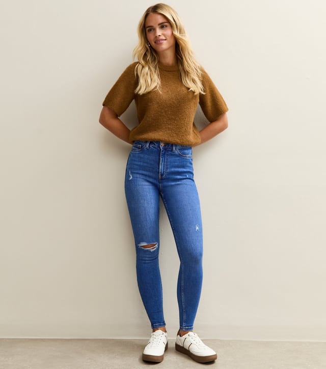 New Look Women's Petite Bright Blue Ripped High Waist Hallie Super Skinny Jeans New Look - 2