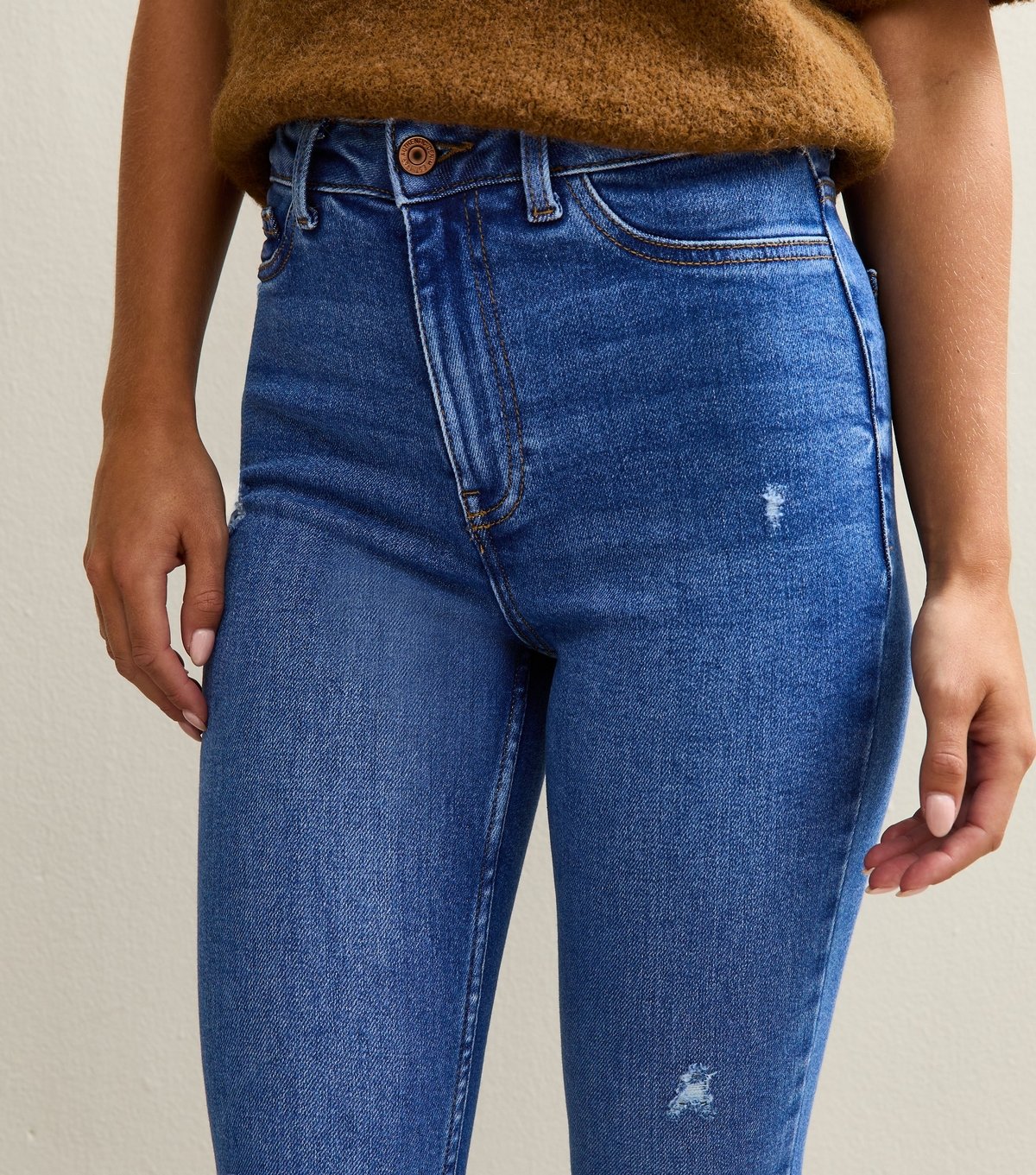 New Look Women's Petite Bright Blue Ripped High Waist Hallie Super Skinny Jeans New Look - 4