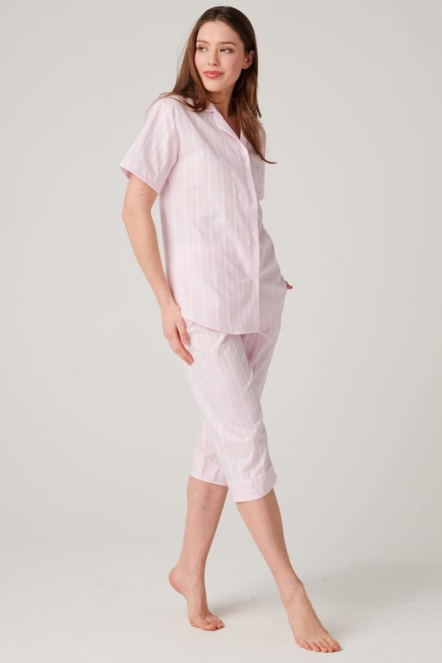 British Boxers British Boxers Women's "Shell Pink Satin Stripe" Crisp Cotton 3/4 Length Pyjama Set in Baby Pink - 2