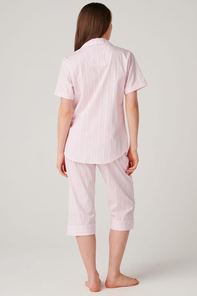 British Boxers British Boxers Women's "Shell Pink Satin Stripe" Crisp Cotton 3/4 Length Pyjama Set in Baby Pink - 3