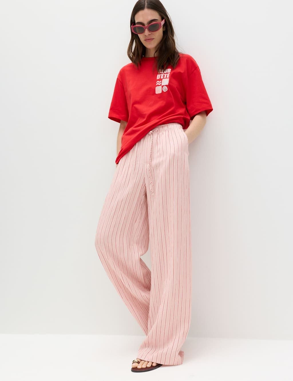 Marks & Spencer M&S Lyocell Rich Drawstring Wide Leg Trousers Pink Mix