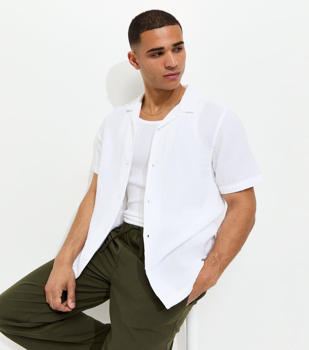 New Look Men's White Regular Double Cloth Revere Shirt New Look