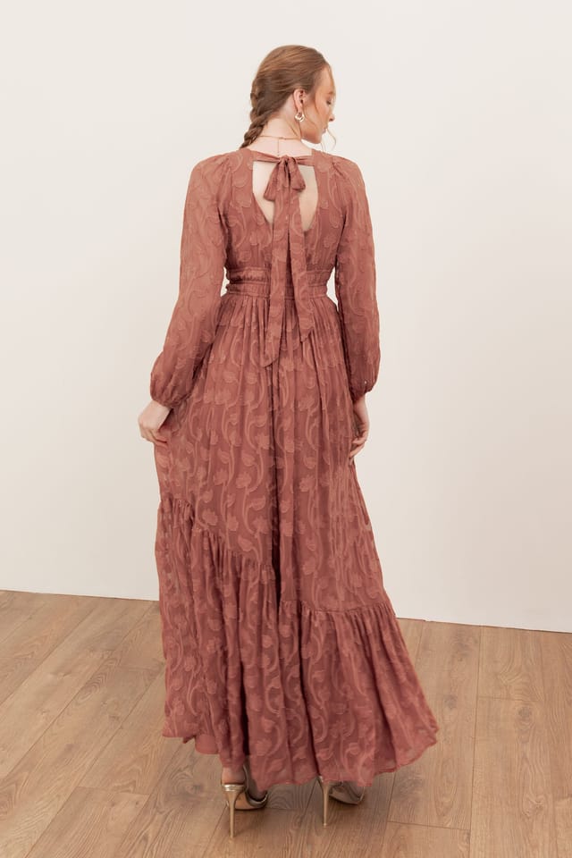 Lovedrobe Lovedrobe Women's Floral Burnout Asymmetric Split Hem Tie Back Maxi Dress in Terracotta - 2