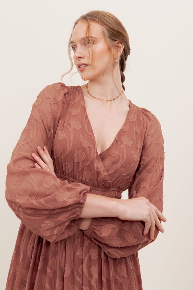 Lovedrobe Lovedrobe Women's Floral Burnout Asymmetric Split Hem Tie Back Maxi Dress in Terracotta - 3