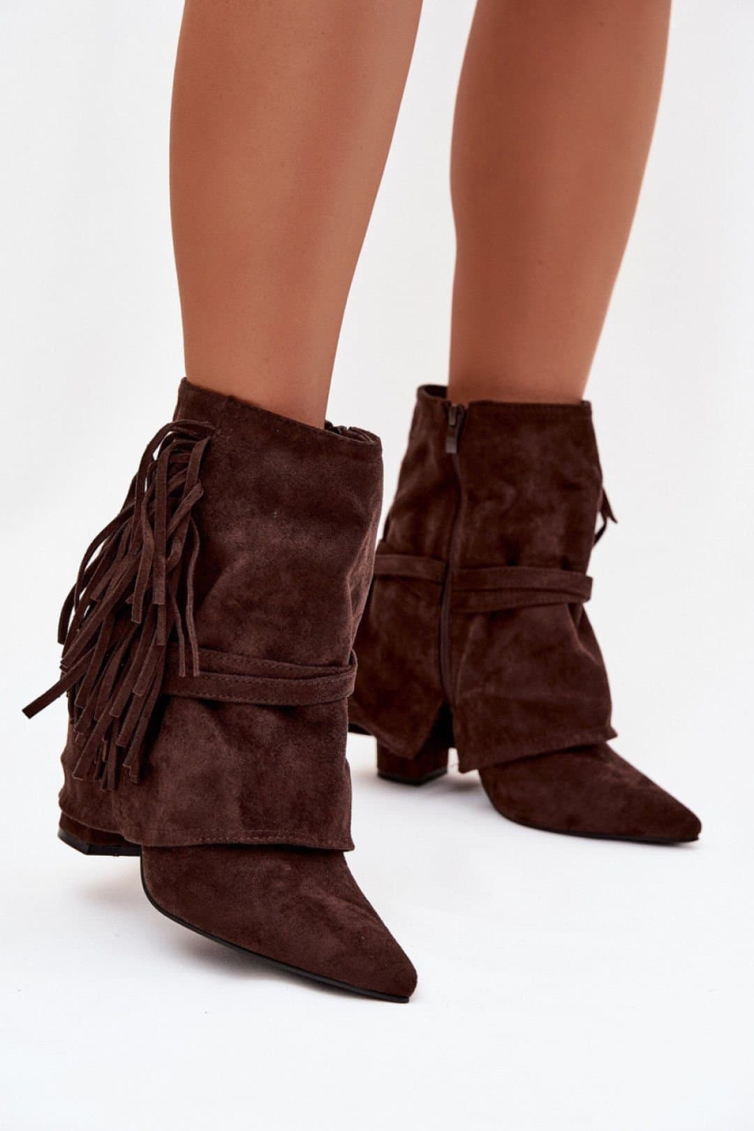 Love Lace Love Lace Women's Fringe Strap Ankle Boots Pointed Toe Suede Gold Buckle Heel in Brown