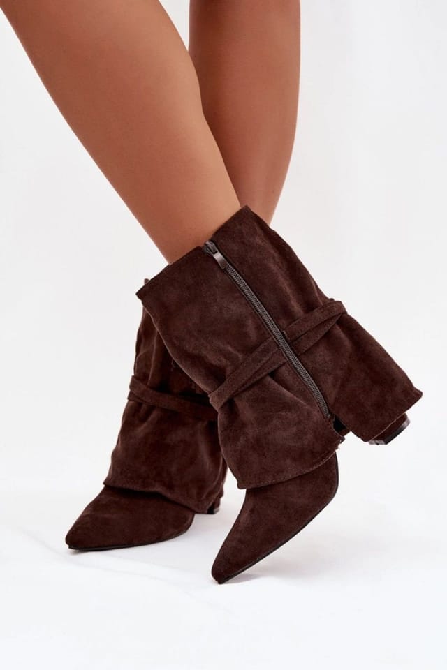 Love Lace Love Lace Women's Fringe Strap Ankle Boots Pointed Toe Suede Gold Buckle Heel in Brown - 2