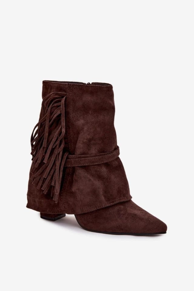 Love Lace Love Lace Women's Fringe Strap Ankle Boots Pointed Toe Suede Gold Buckle Heel in Brown - 3