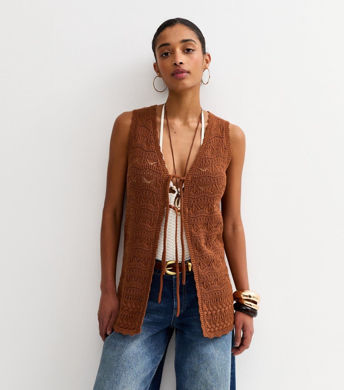 New Look Women's Tan Cotton Rich Wave Stitch Longline Tie Front Waistcoat New Look