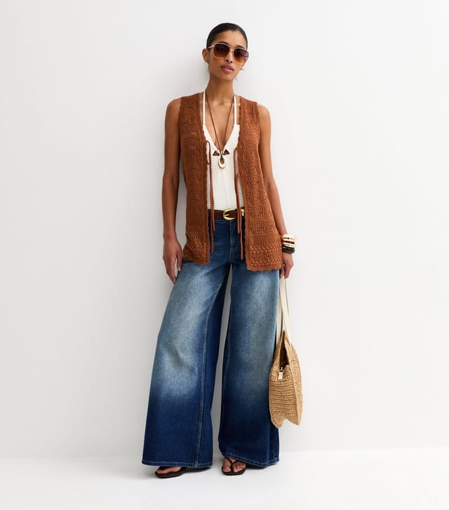 New Look Women's Tan Cotton Rich Wave Stitch Longline Tie Front Waistcoat New Look - 2
