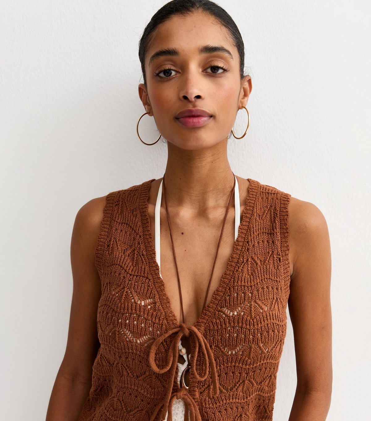 New Look Women's Tan Cotton Rich Wave Stitch Longline Tie Front Waistcoat New Look - 3