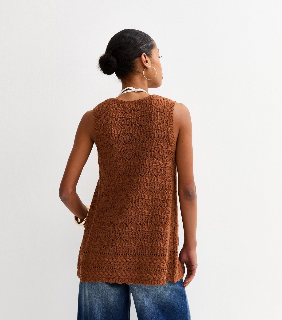 New Look Women's Tan Cotton Rich Wave Stitch Longline Tie Front Waistcoat New Look - 4