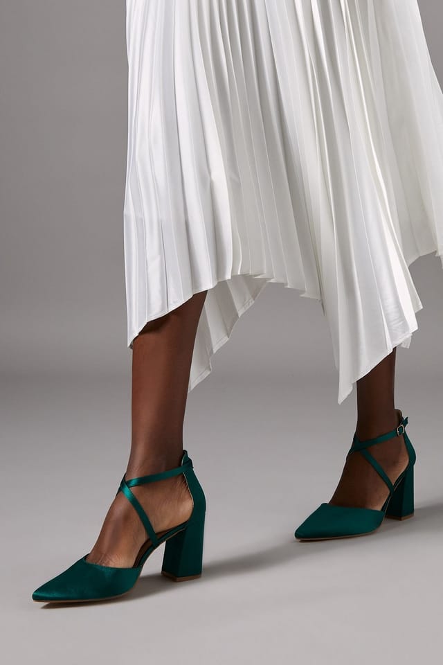 Coast Coast Women's Wide Fit Treat Satin Cross Strap Pointed Block Heel Court Shoes in Emerald - 3