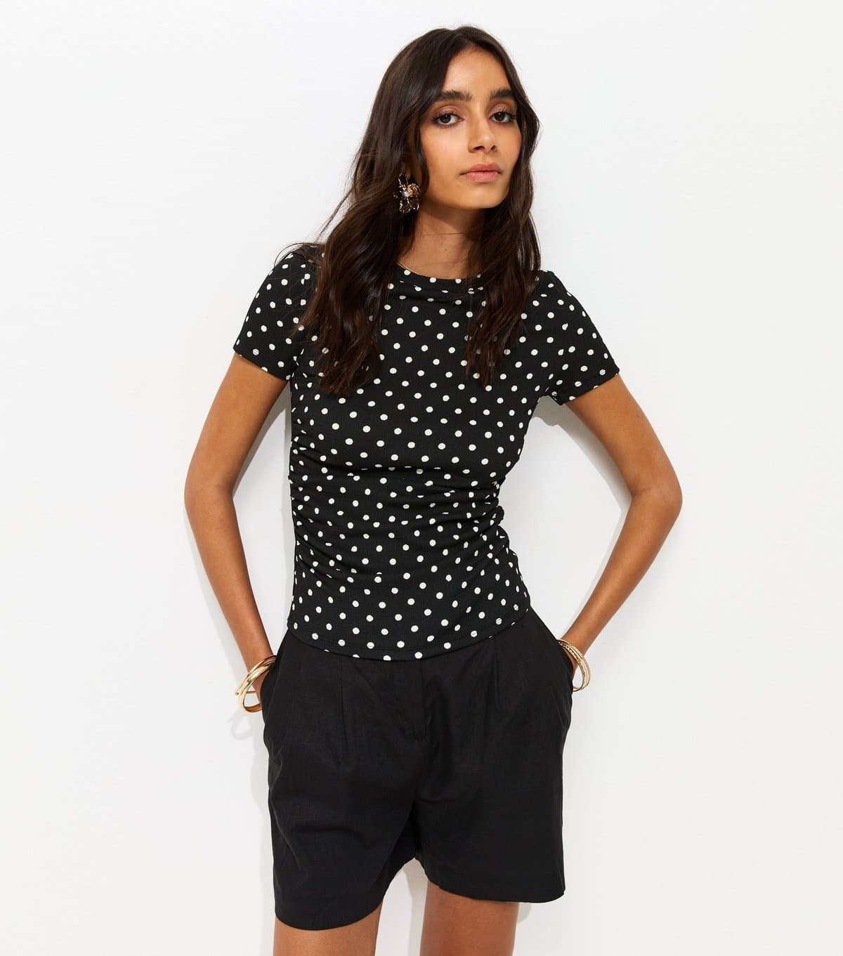 New Look Women's Black Polka Dot Textured Ruched Side Top New Look