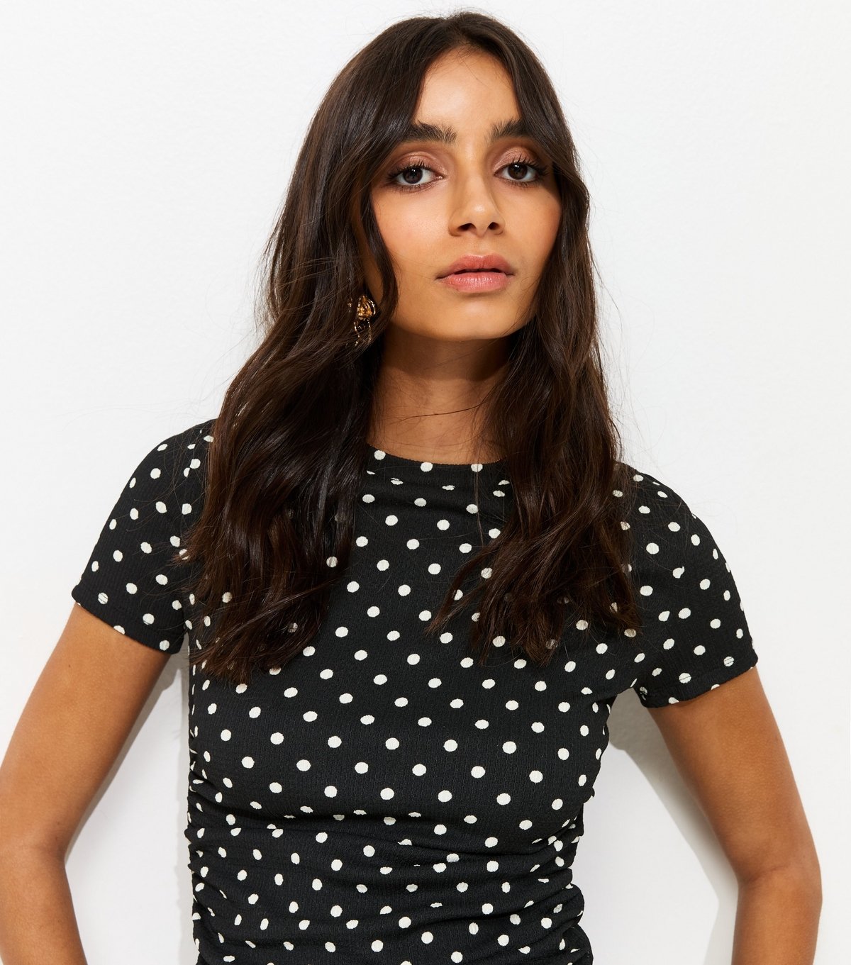 New Look Women's Black Polka Dot Textured Ruched Side Top New Look - 3