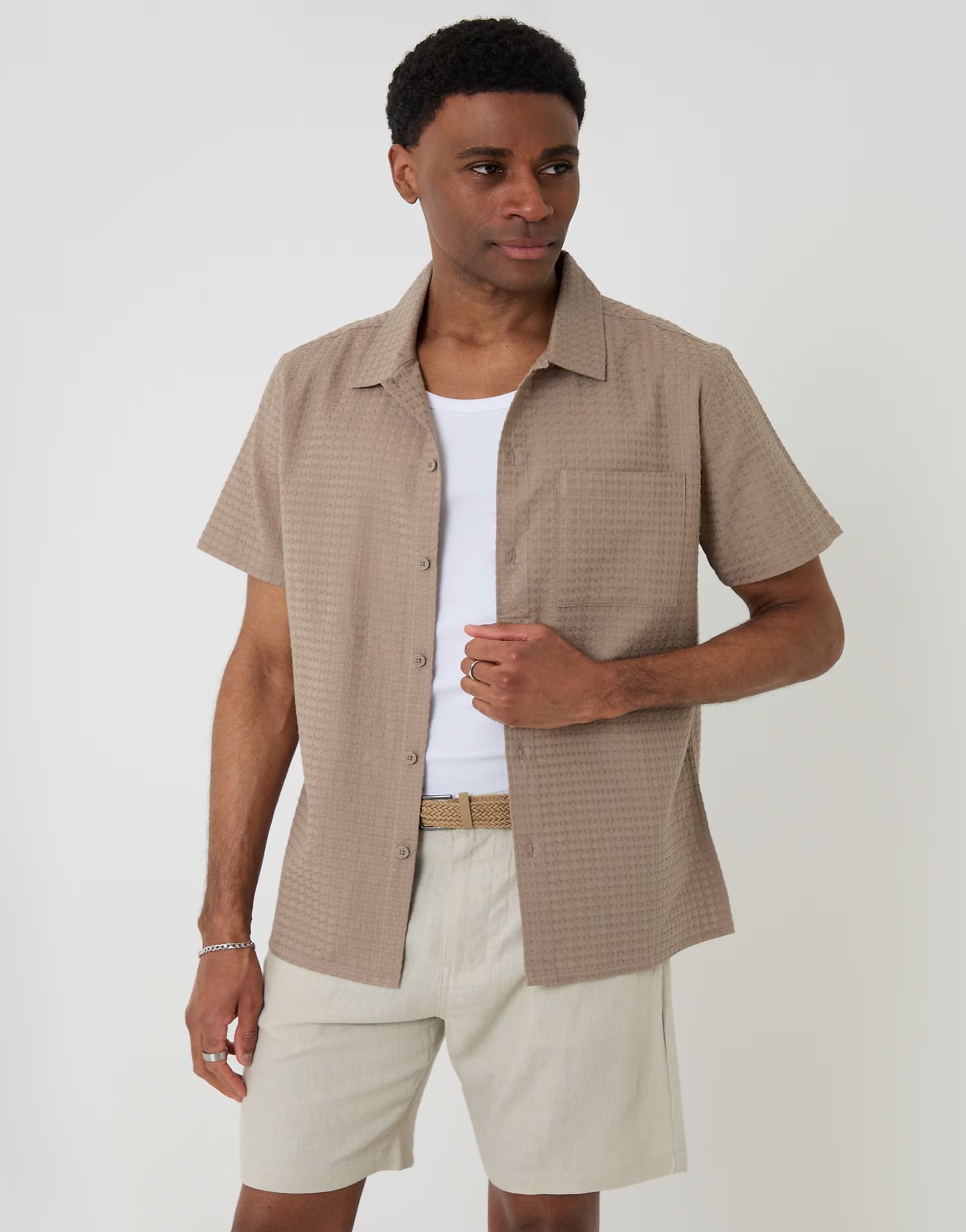 ASOS Threadbare Textured cotton short sleeve shirt in taupe