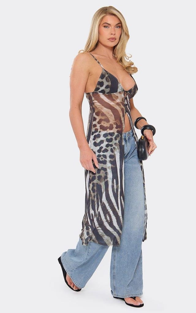 EGO Strappy Button Down Longline Top In Multi Animal Print Mesh, Women's Size UK 6 - 2