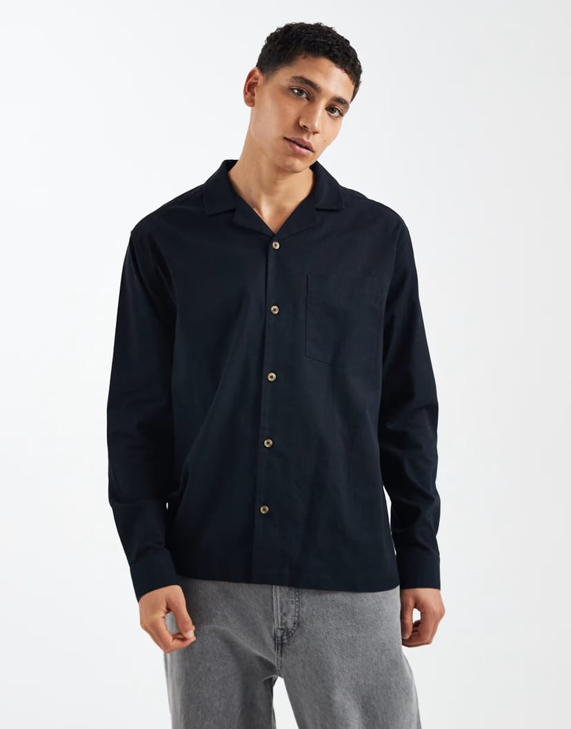 ASOS ASOS DESIGN co-ord relaxed revere shirt with linen in black - 1