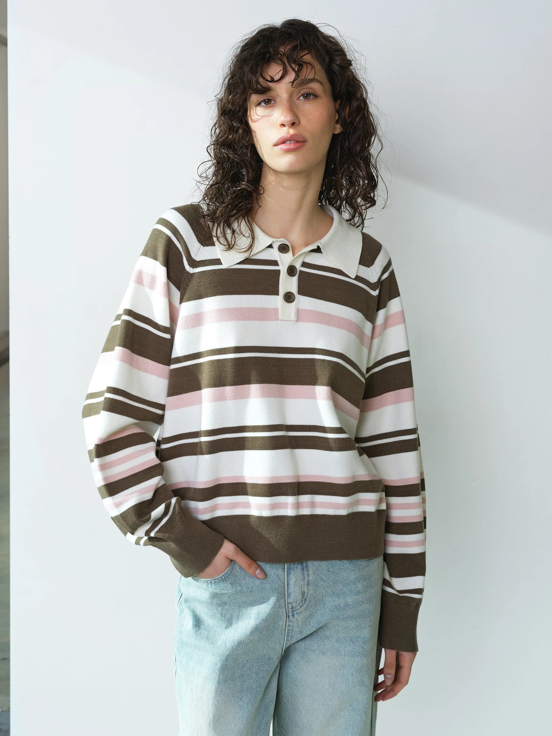 French Connection Yaz Rugby Polo Striped Knit Jumper Vintage Khaki Multi