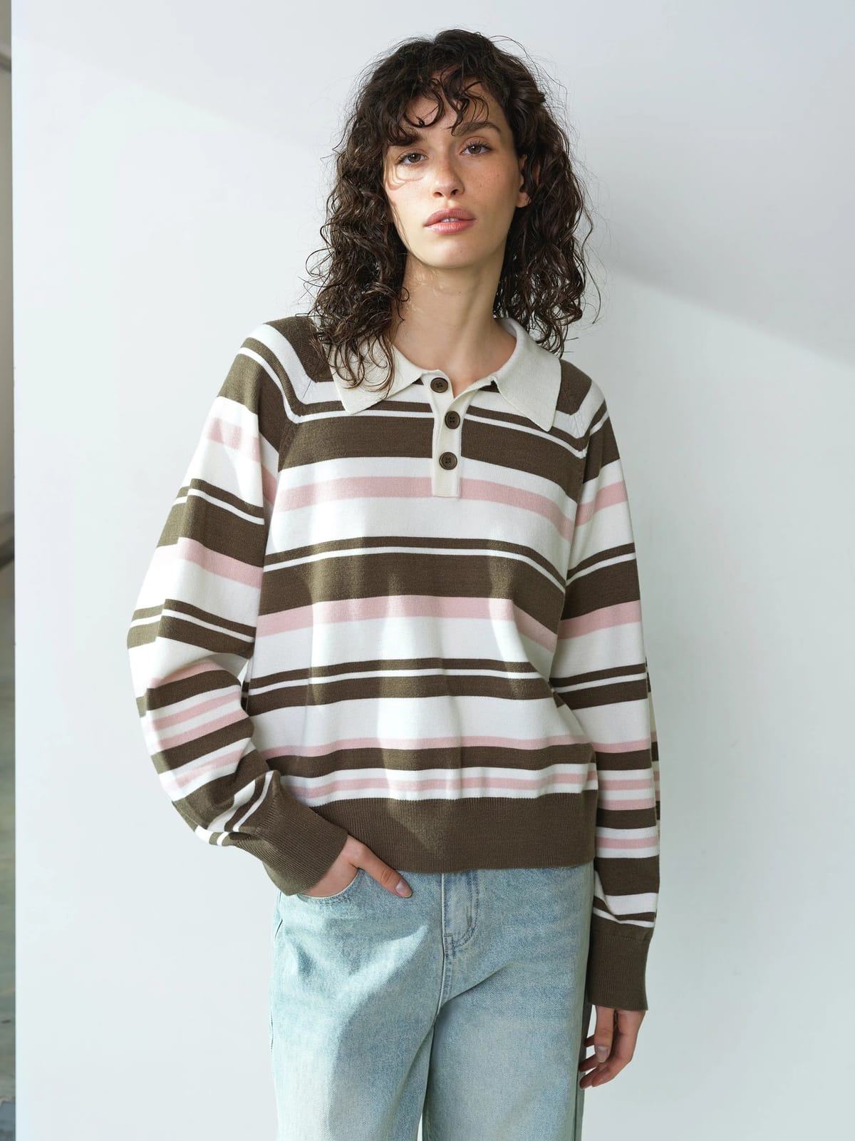 French Connection Yaz Rugby Polo Striped Knit Jumper Vintage Khaki Multi - 1