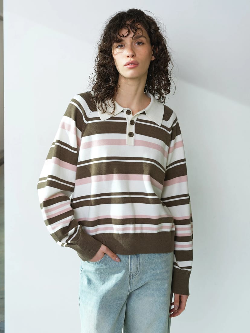 French Connection Yaz Rugby Polo Striped Knit Jumper Vintage Khaki Multi - 1