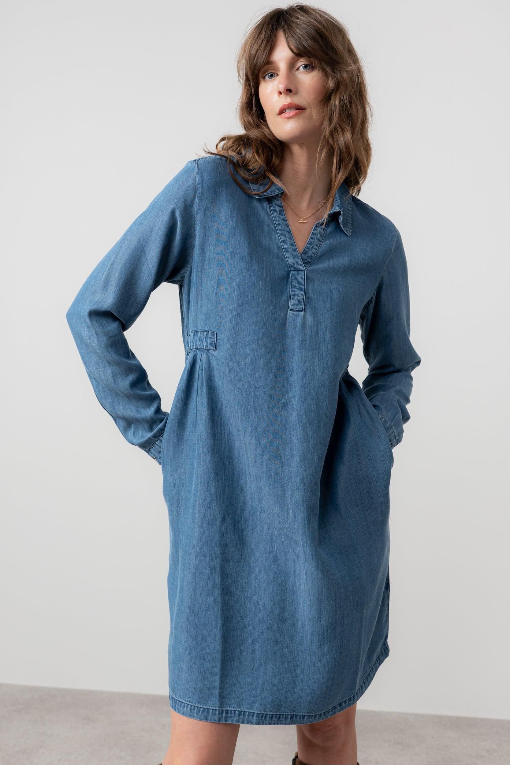 Lily & Me Lily & Me Women's Emma Long Sleeved Tencel Denim Shirt Dress with Collar & v-neckline in Blue