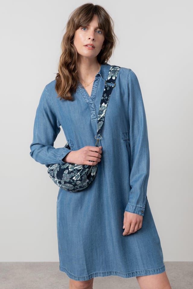 Lily & Me Lily & Me Women's Emma Long Sleeved Tencel Denim Shirt Dress with Collar & v-neckline in Blue - 2