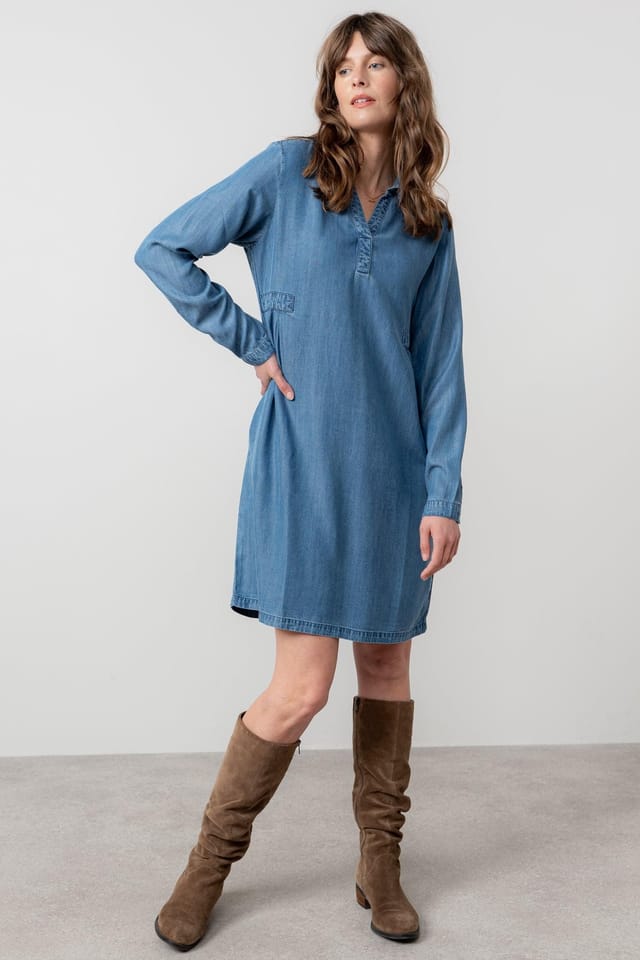 Lily & Me Lily & Me Women's Emma Long Sleeved Tencel Denim Shirt Dress with Collar & v-neckline in Blue - 3