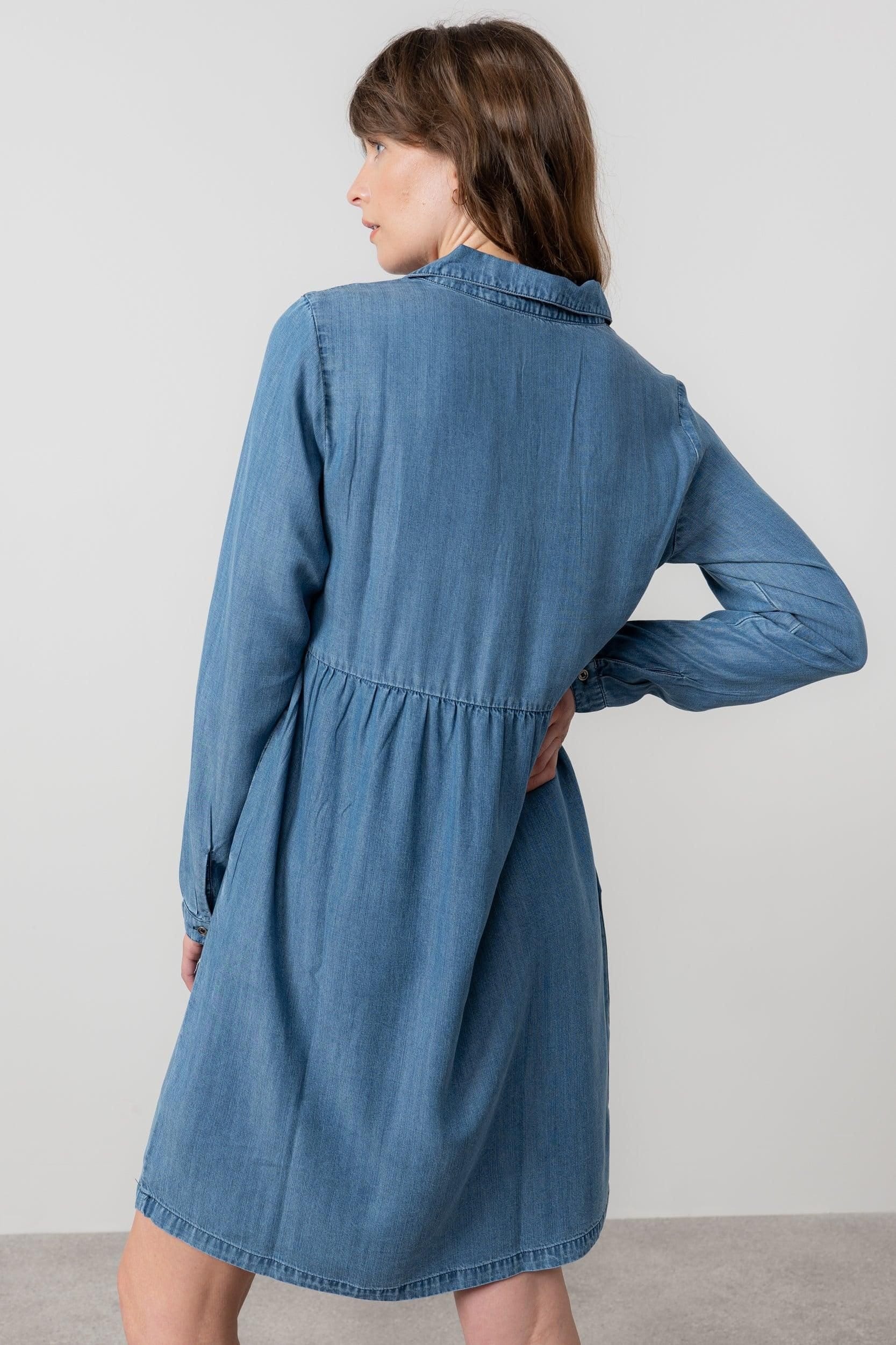 Lily & Me Lily & Me Women's Emma Long Sleeved Tencel Denim Shirt Dress with Collar & v-neckline in Blue - 4